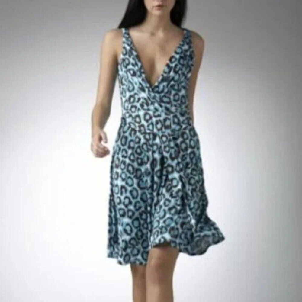 DVF Diane Von Furstenberg Lora Wrap Dress 4 Blue Brown Ivory Stretch SILK